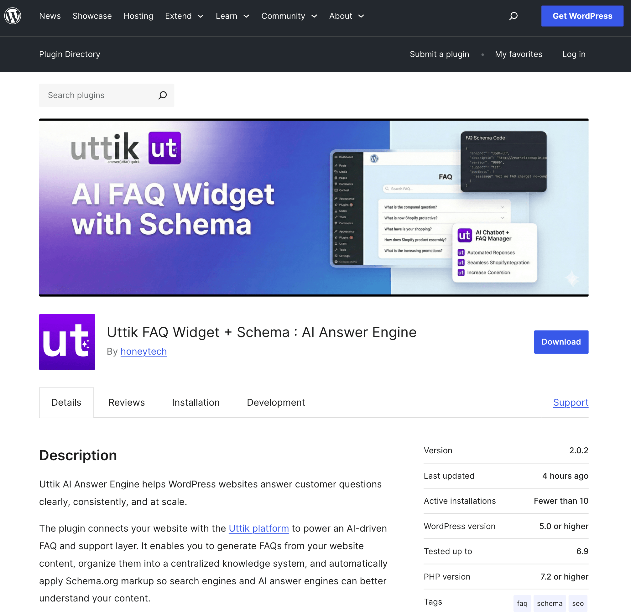 Uttik WordPress Plugin Dashboard Interface